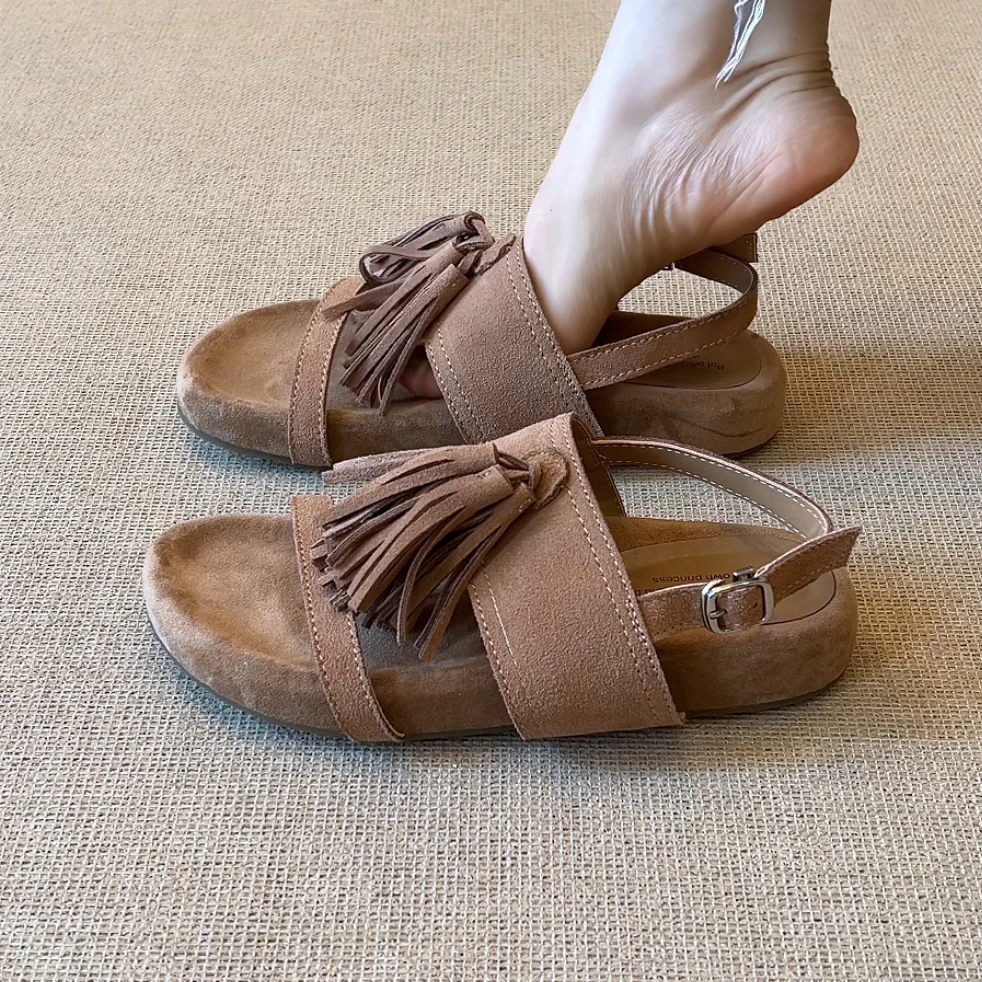 RubyL/3cm夏季新款复古通勤舒适百搭后绊带纯色平底露趾流苏凉鞋