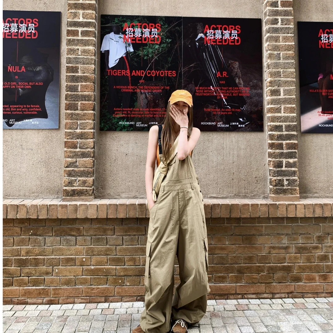 夏季美式复古卡其街头工装宽松显瘦阔腿背带裤女小个子高腰直筒