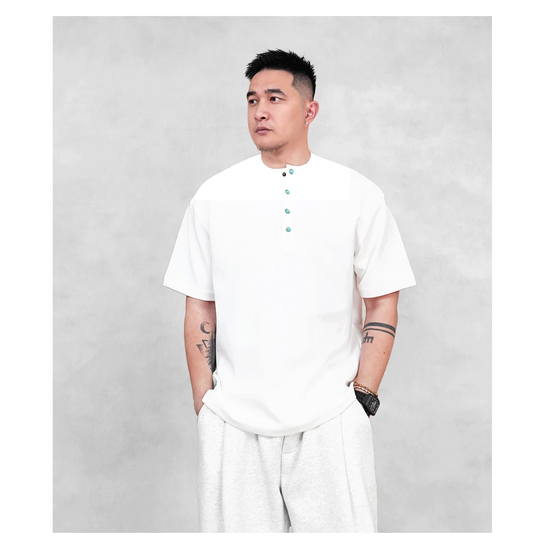 马丁叔叔25 新款夏季百搭绿松石纽扣设计亨利领大码男短袖T恤