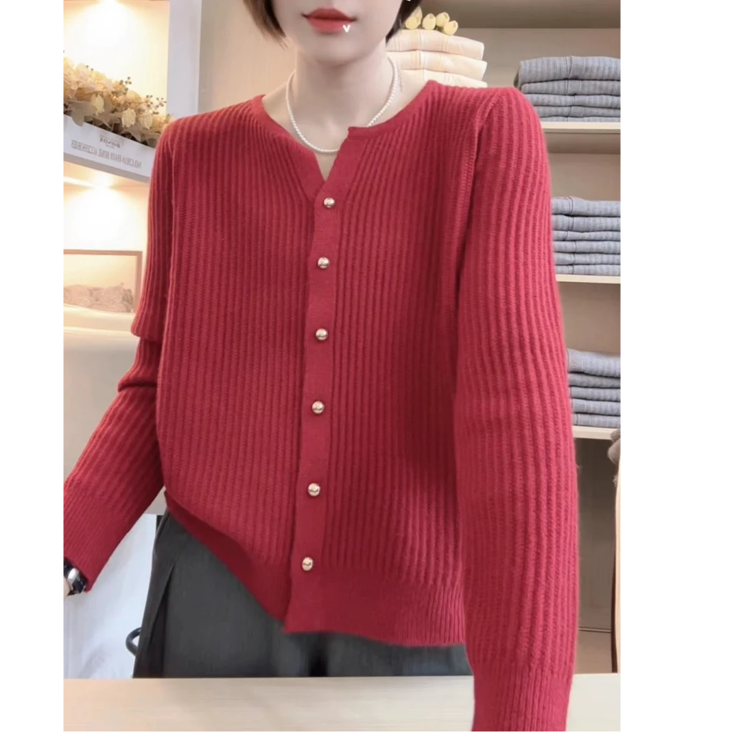 [编码D266]妮妮家2025春秋长袖纯色剪刀领宽松修身针织显瘦女开衫