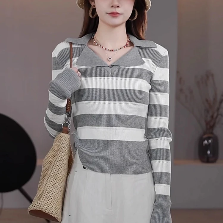 韩版撞色条纹翻领长袖针织衫女2025秋季新款气质百搭显瘦上衣小衫