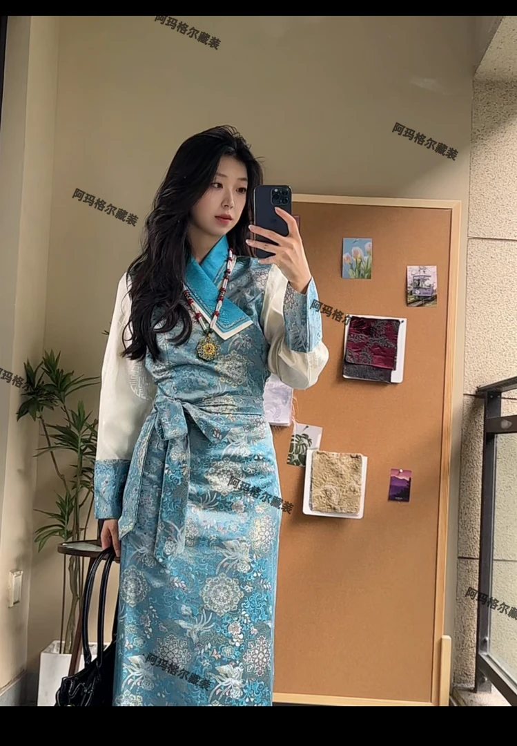【阿玛格尔藏装】藏族服饰女款西藏服v领气质双领博拉夏款拉萨服