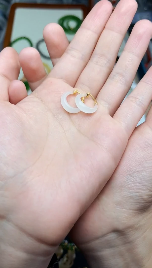 银S925镶嵌和田玉耳饰白玉耳扣06