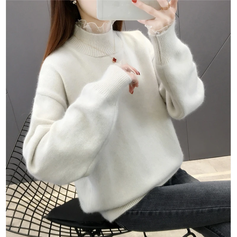 2272【半高领袖领蕾丝毛衣】秋冬新款落肩袖宽松毛衣加厚