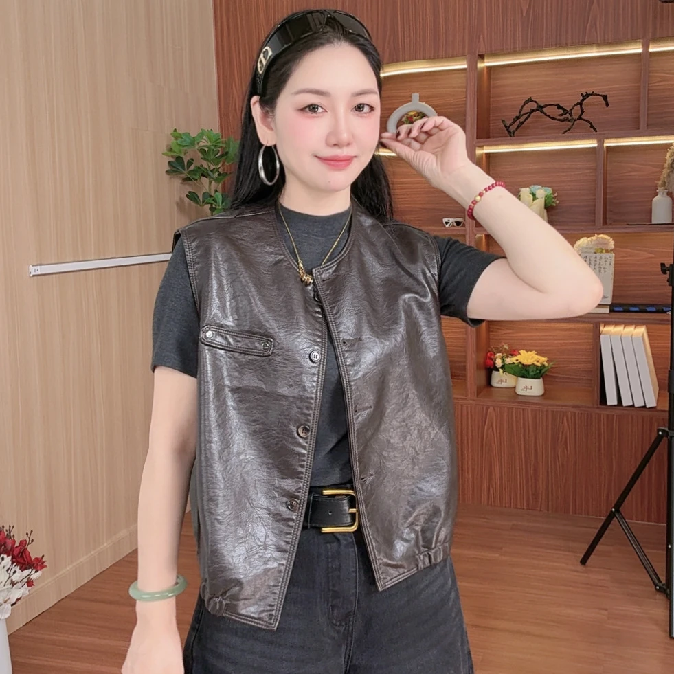 （6636）2025秋季新款时尚韩版潮流软皮马甲短款外套女款