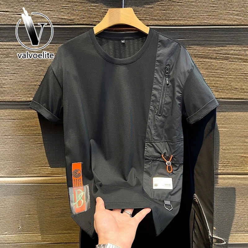 VALVOELITEt恤男装百搭新款潮拉链拼接时尚韩版重磅半袖t夏季短袖