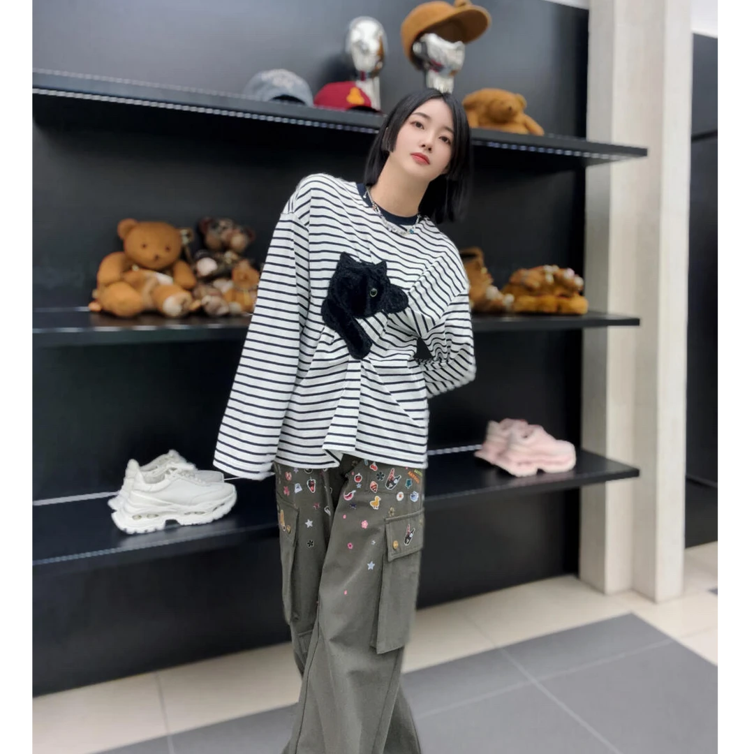 W308常规宽松型猫咪条纹圆领春秋百搭春季打底长袖T恤308