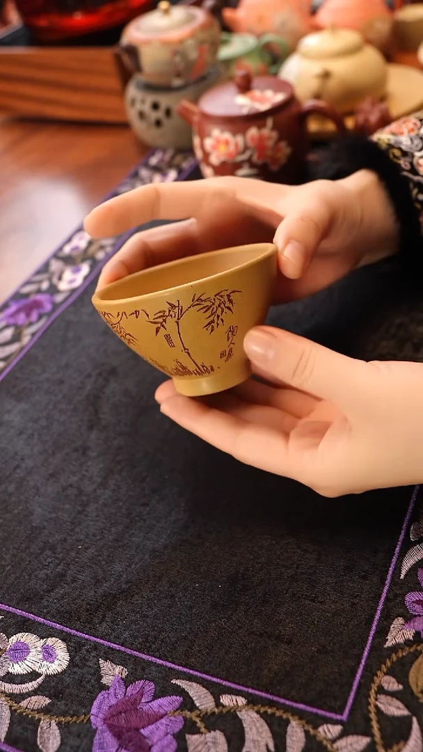 茶壶紫砂段泥刻竹斗笠杯