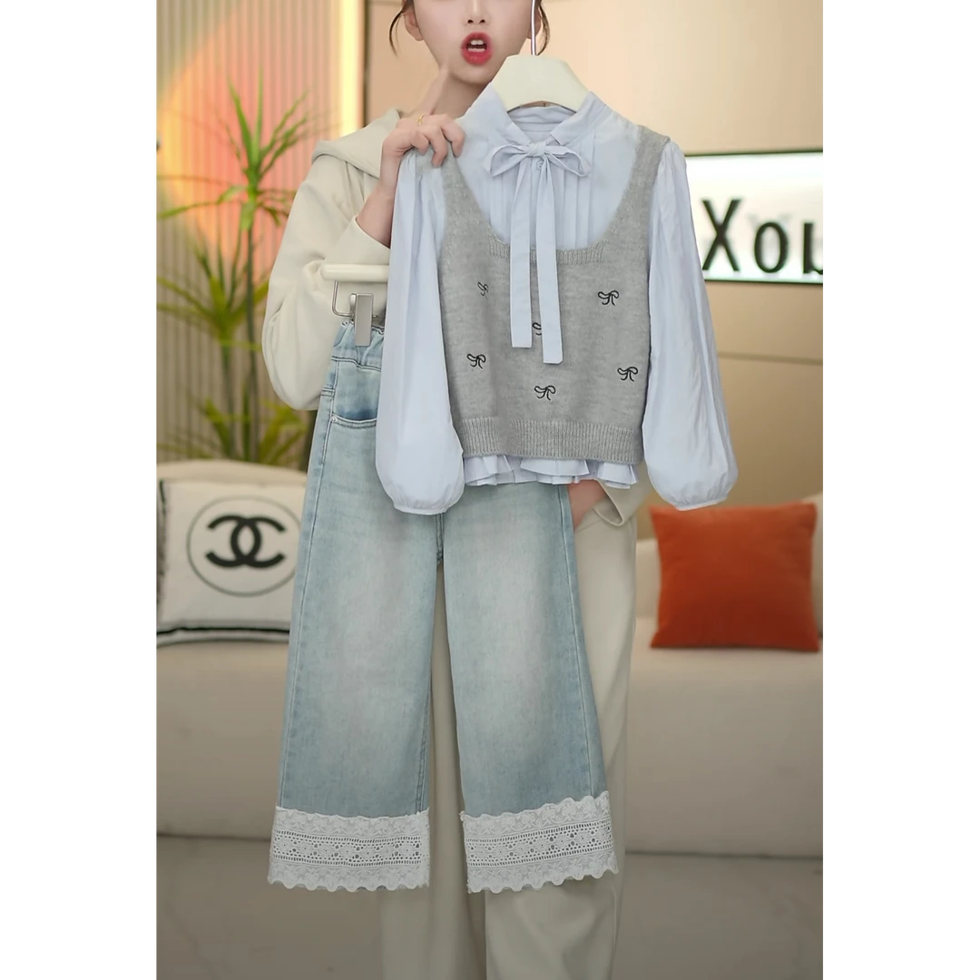 女童套装2025新款洋气韩版学院儿童春秋马甲中大童衬衫三件套春装