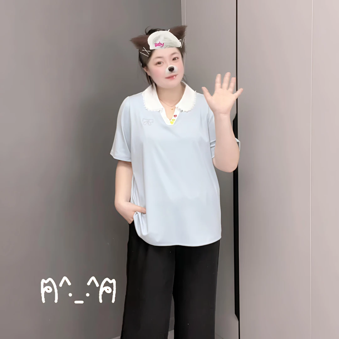 [小藤精选]高品质大码娃娃领彩虹扣领棉体恤