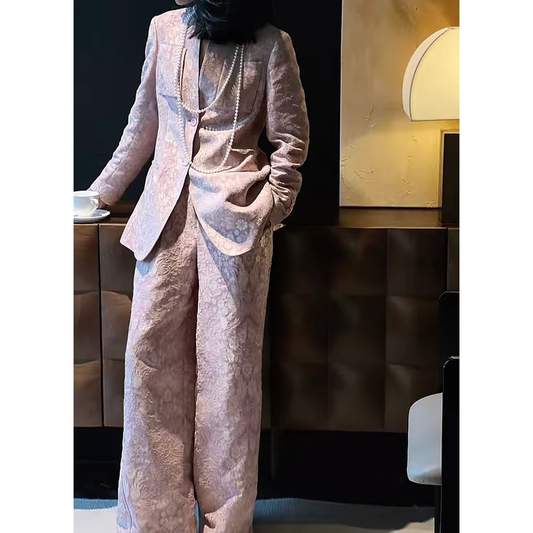 ZEROYK高端气质复古提花西装套装女春季新中式职业西服长裤两件套