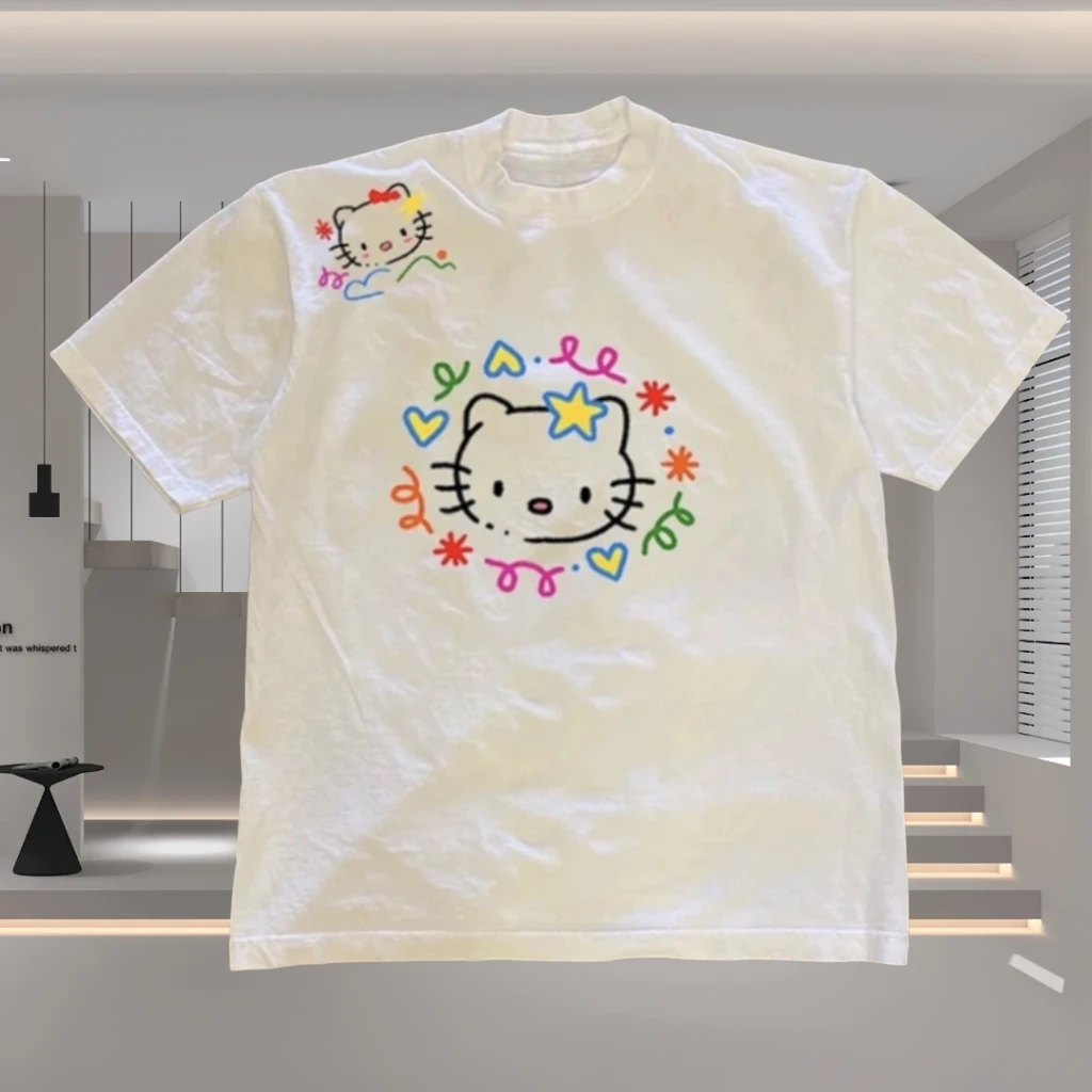 新款纯棉凯蒂猫情侣短袖t恤美式复古达人推荐kitty猫半袖潮牌上衣