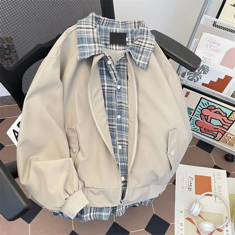 假两件格子拼接夹克外套男春季美式复古宽松休闲情侣立领潮流上衣