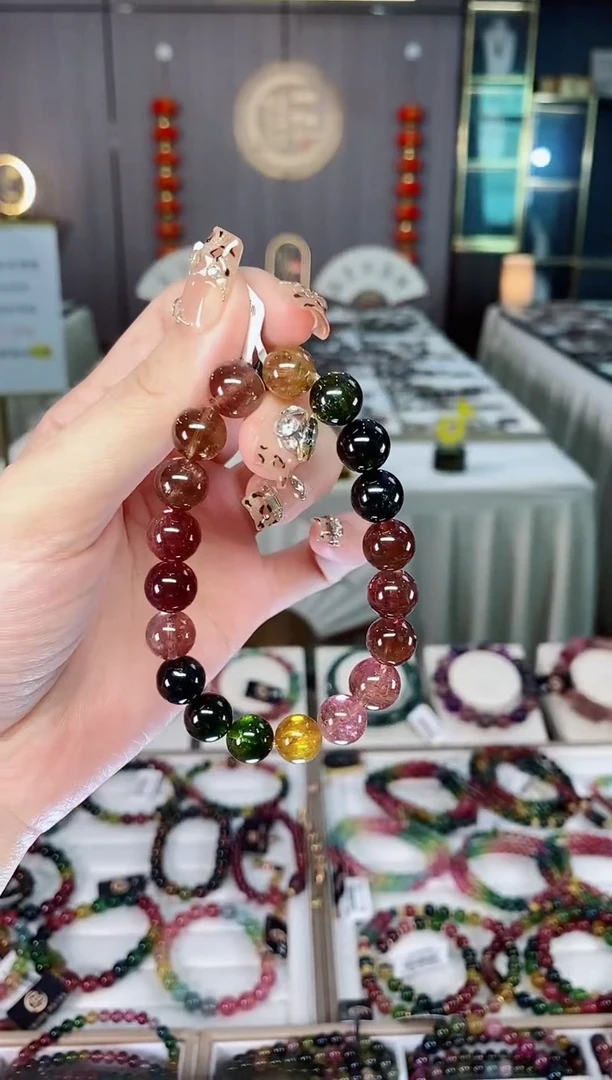 老矿碧玺色标彩虹高透单圈手串10mm+未镶嵌碧玺dan一物一证