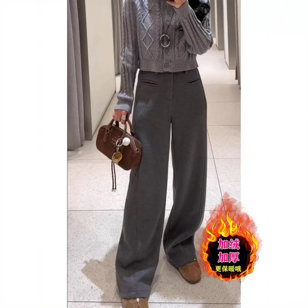 加厚毛呢弯刀裤女2024秋冬季新款胖mm加绒显瘦高腰直筒窄版阔腿裤