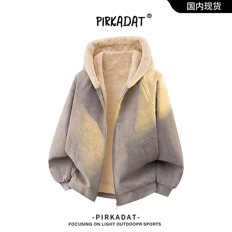 Pirkadat美式重磅荔枝纹座山雕连帽棉服男女冬季保暖宽松毛领外套