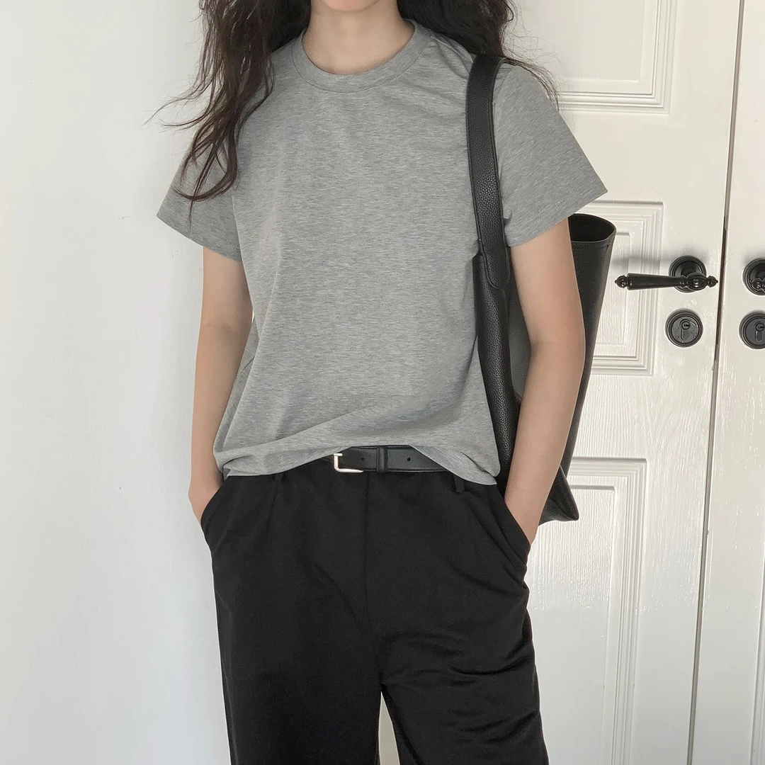 韩系复古chic时尚纯色正肩短袖t恤女款夏季圆领基础内搭打底上衣