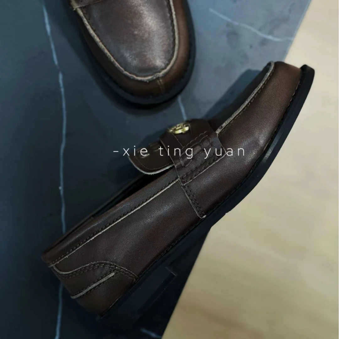 微瑕手工金币做旧水洗擦色乐福鞋女小皮鞋301-1