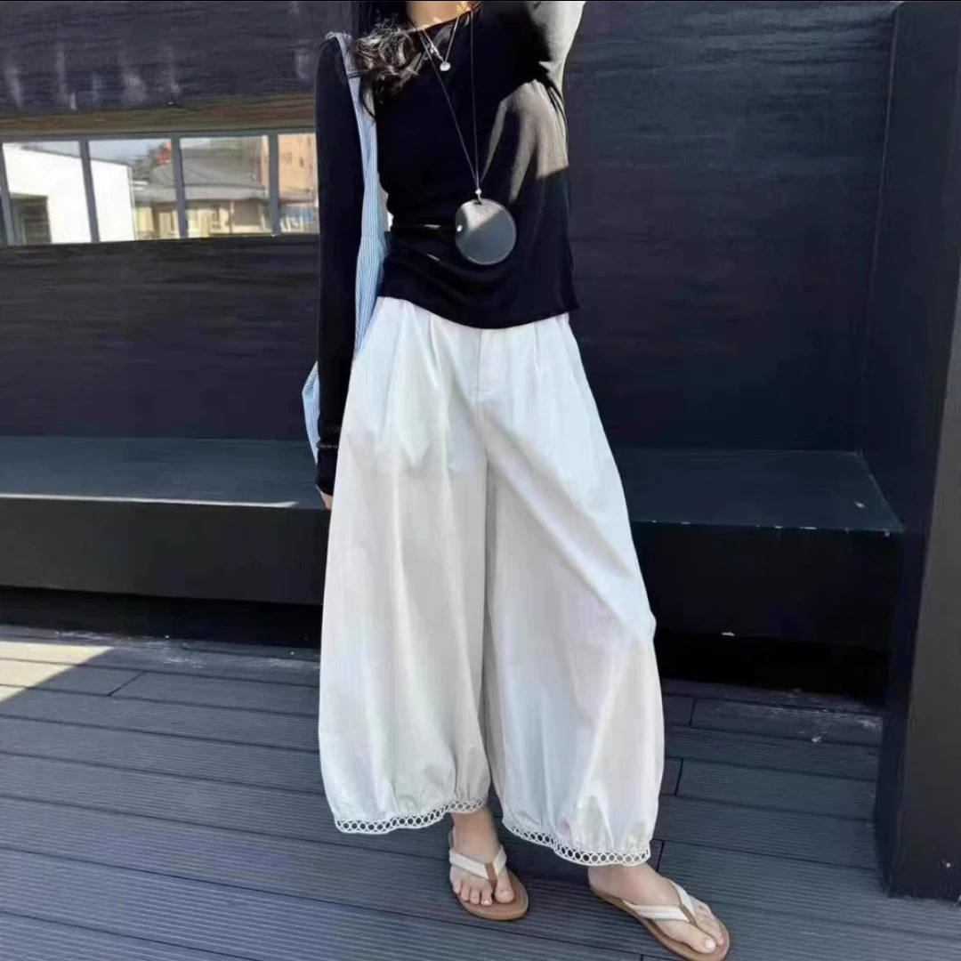 夏季九分纯色镂空蕾丝休闲裤褶皱长裤气质阔腿裤2025新款灯笼裤女