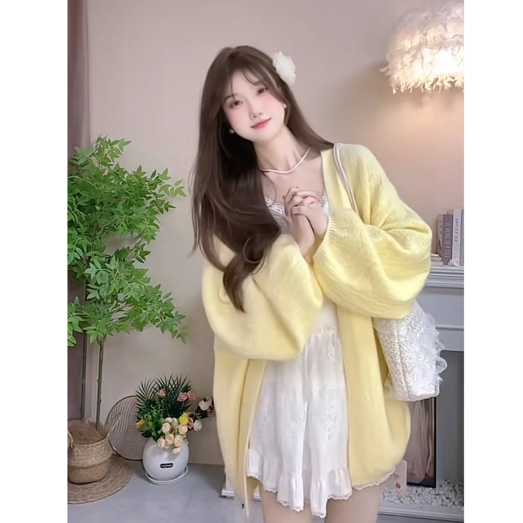 1161休闲甜美纯欲开衫灯笼袖宽松秋冬落肩设计感毛针织衫洋气