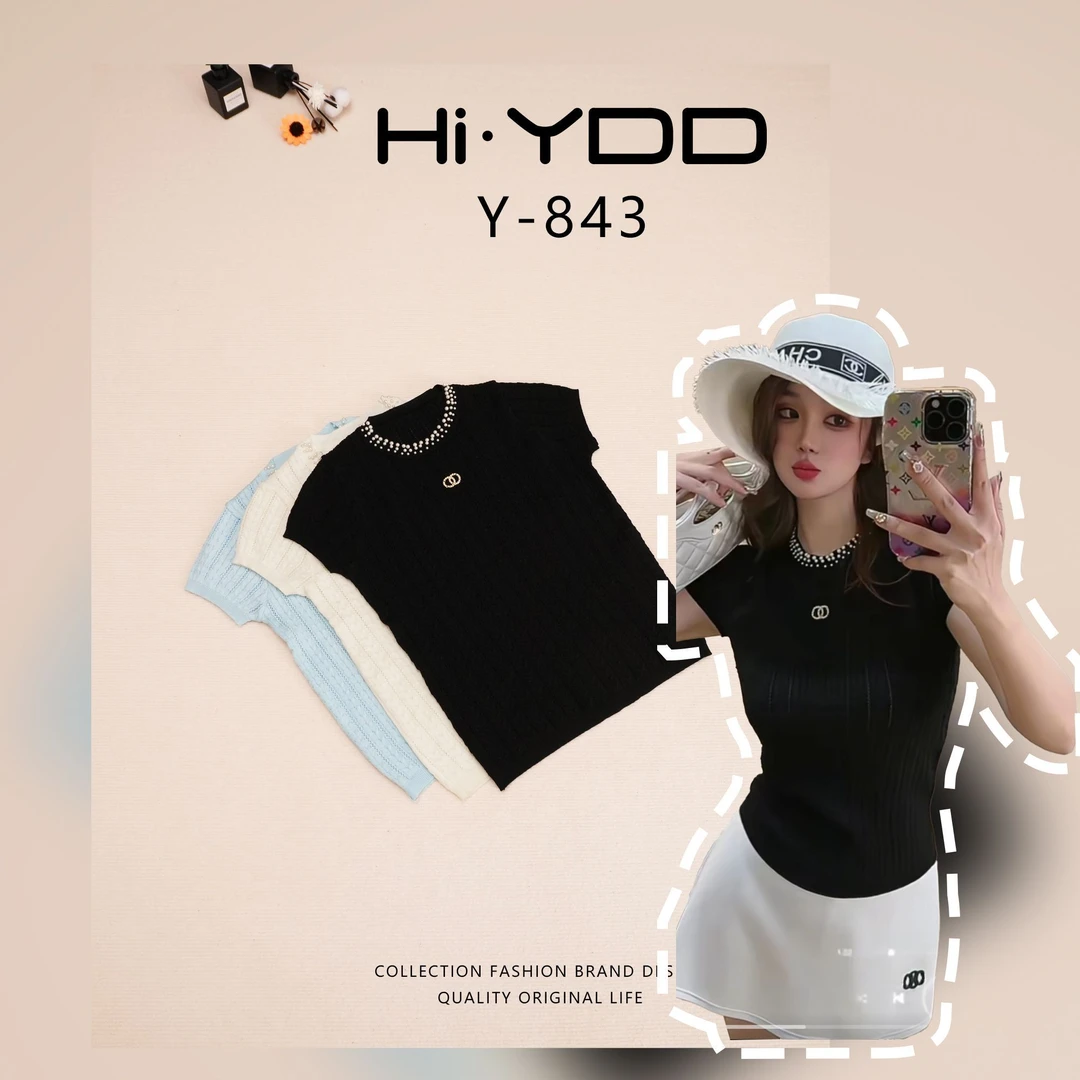 YDD•「Y-843」珍珠圆领莱赛尔小香风短袖上衣HS-498