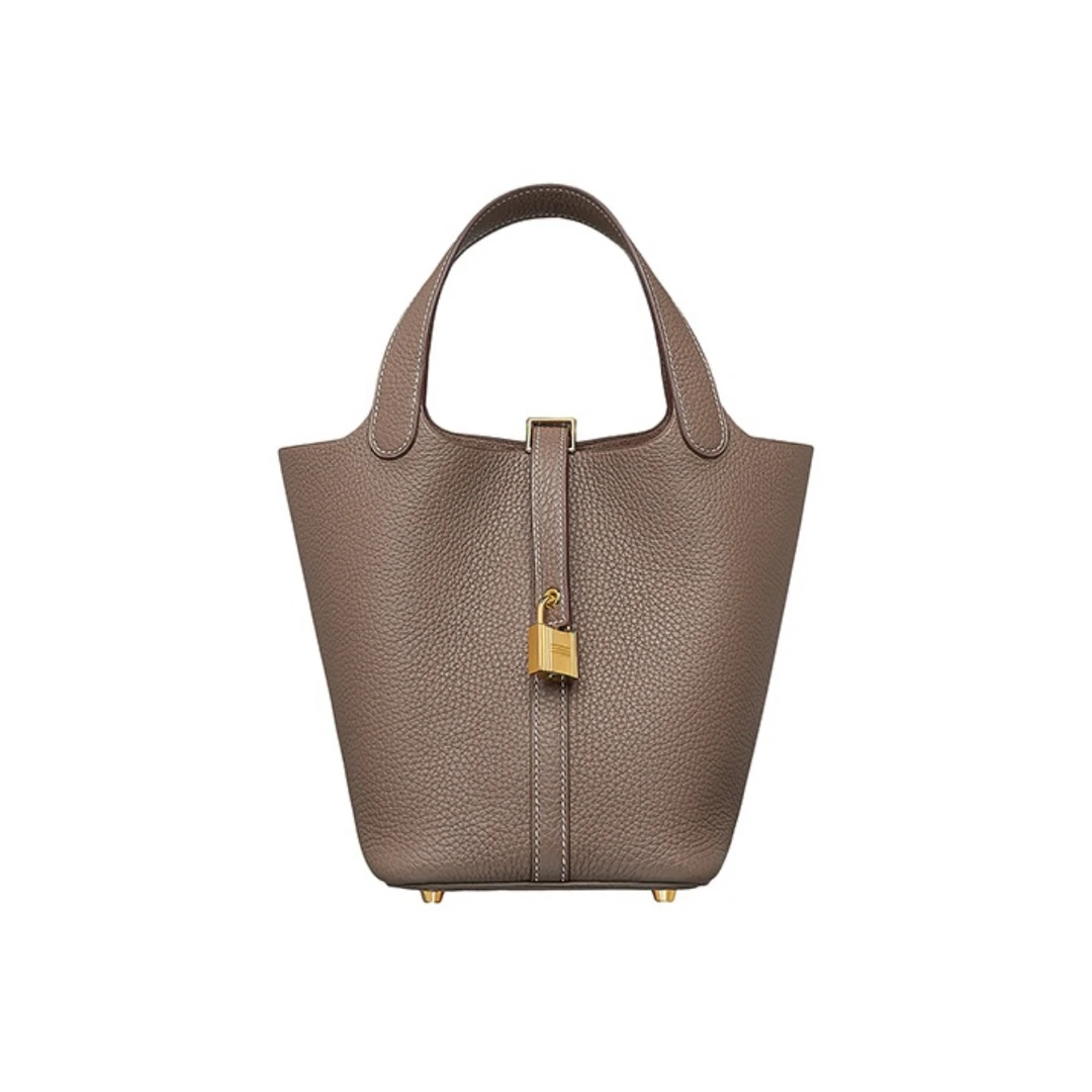 未使用 Hermes/爱马仕 菜篮子手提包18/22 大象灰/黑色 金扣/银扣