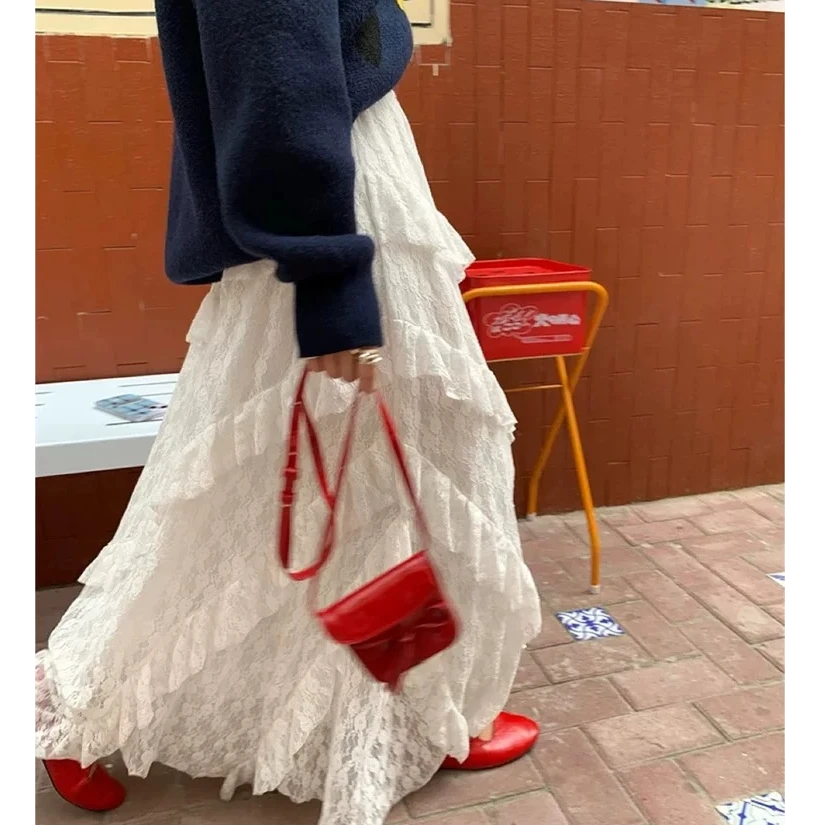 复古拼接斜纹白色蕾丝半身裙女2025春夏松紧腰显瘦网纱a字长裙女