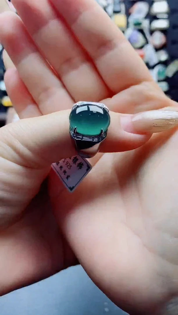 银S925镶嵌戒指翡翠锐**挡天然翡翠A货男戒