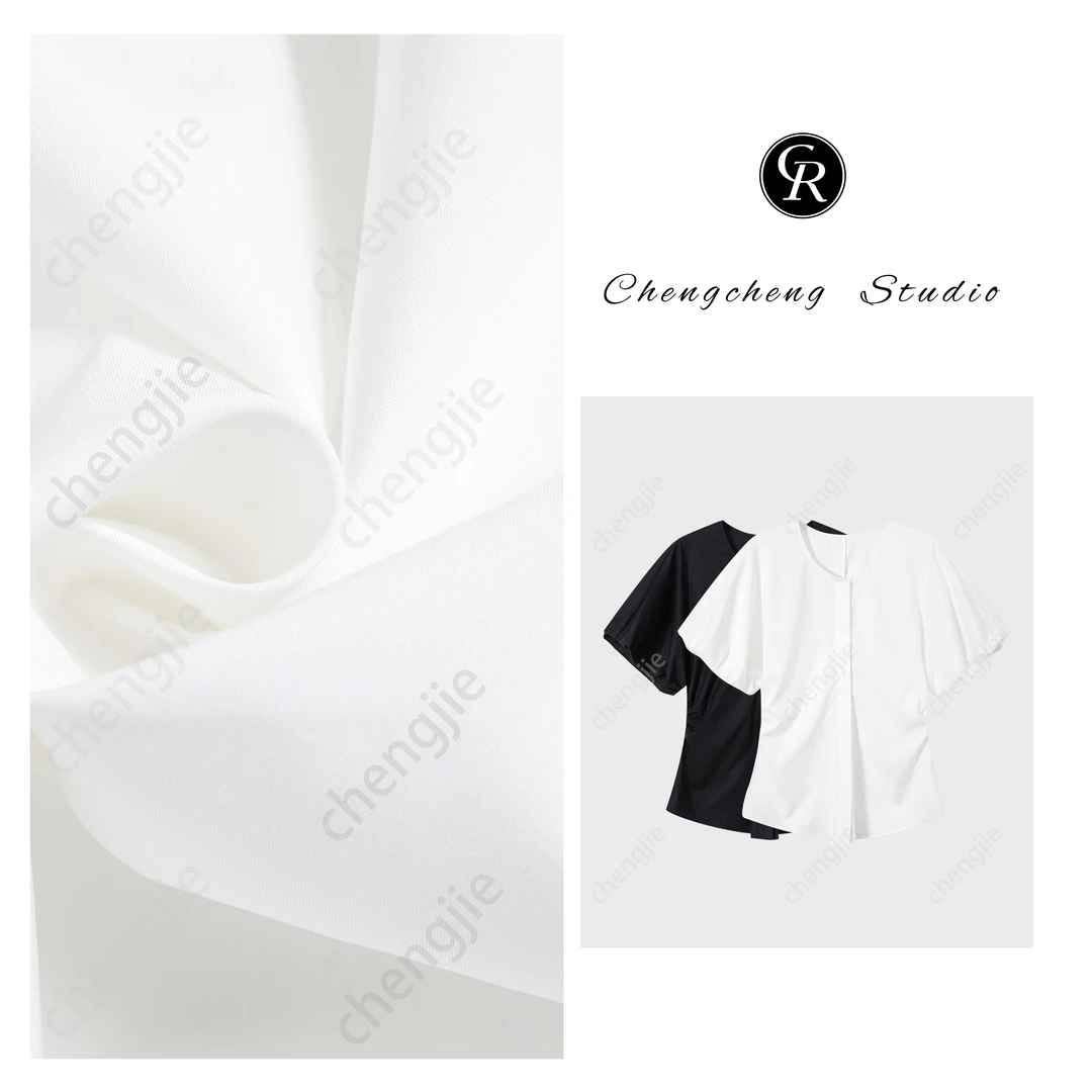 RAIN.CUN【莳见】夏季新款纯色简约上衣圆领收腰显瘦短袖衬衫11832