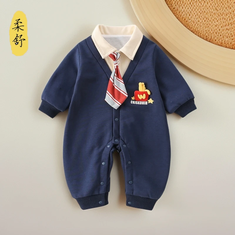 婴儿衣服春秋款满月男宝宝连体衣新款衬衫领假两件秋季百天周岁服