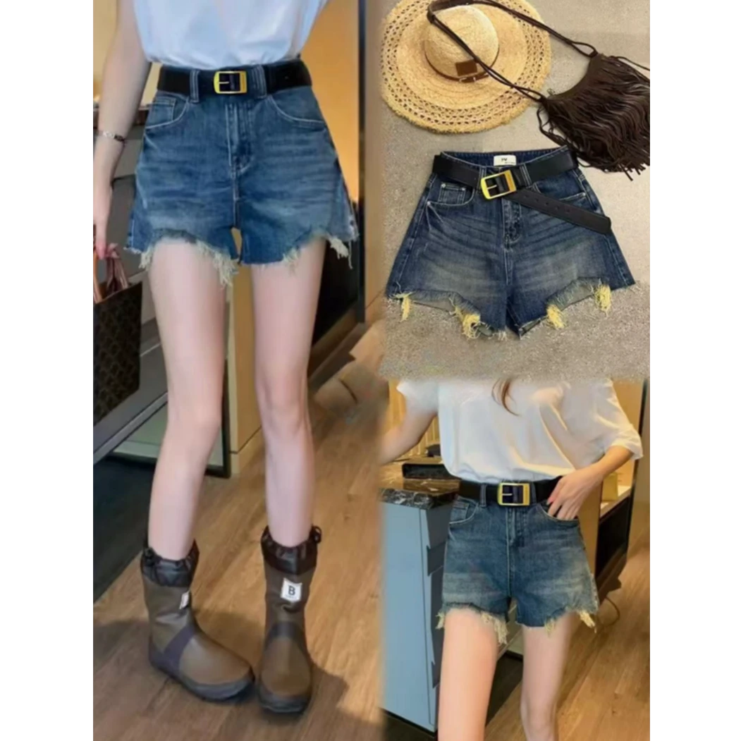 复古蓝破洞牛仔短裤2025年夏季新款个性高腰水洗A字阔脚热裤女