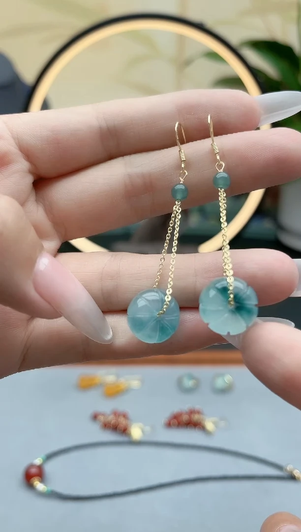 石英质玉（天山翠）银S925镶嵌耳饰00南瓜蓝水飘花