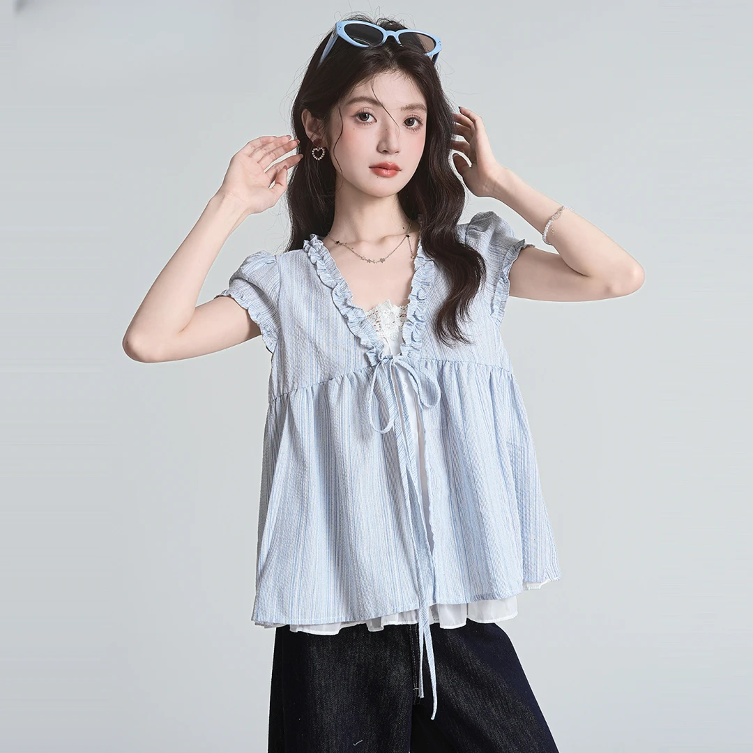 帛卡琪法式蓝色假两件木耳边衬衫女夏设计感宽松短袖娃娃衫上衣
