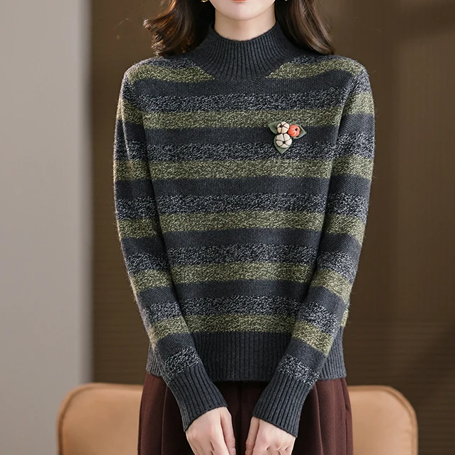 品牌女装正品冬季新款条纹拼色套头半高领女士毛针织衫打底毛衣