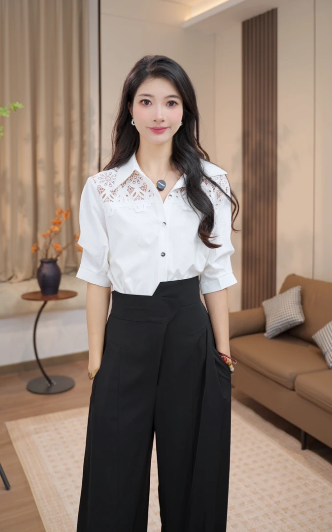 【粤粤】法式拼接镂空蕾丝白色中袖衬衫2025夏季女装通勤简约上衣