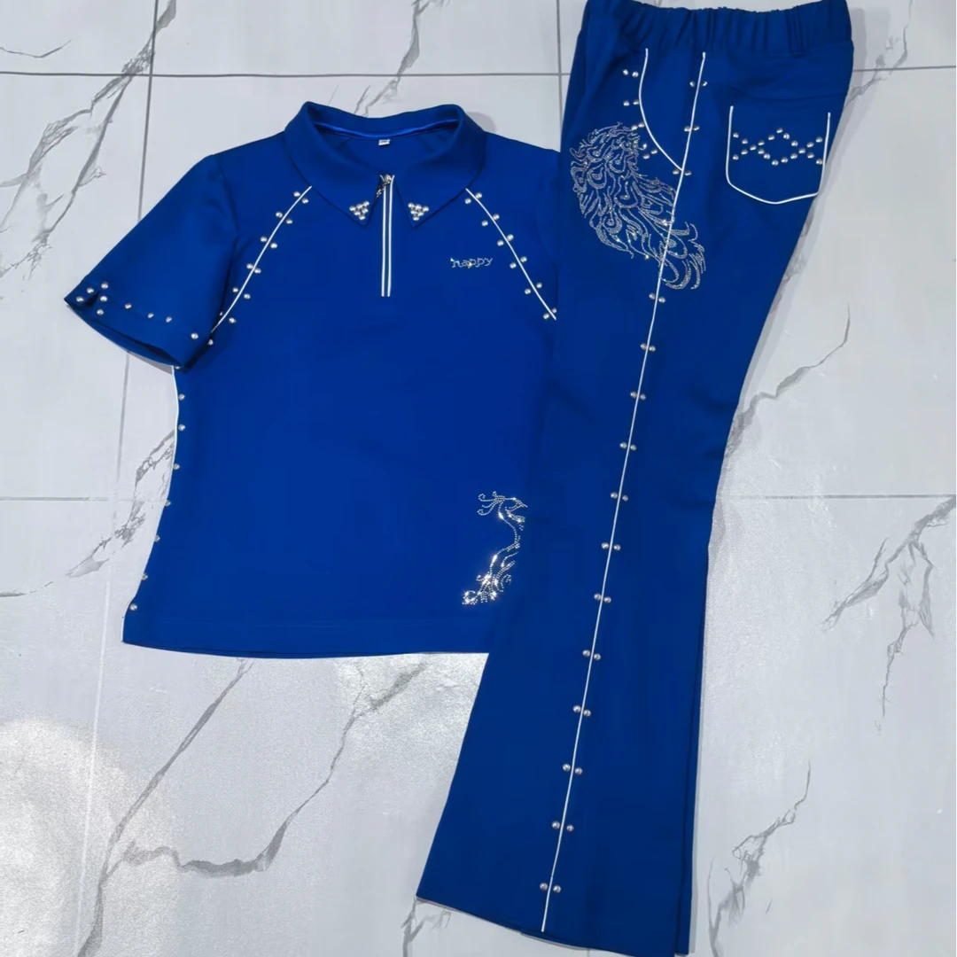 2025新款佳木斯健身操蓝色修身时尚微喇显瘦镶钻孔雀套装H2