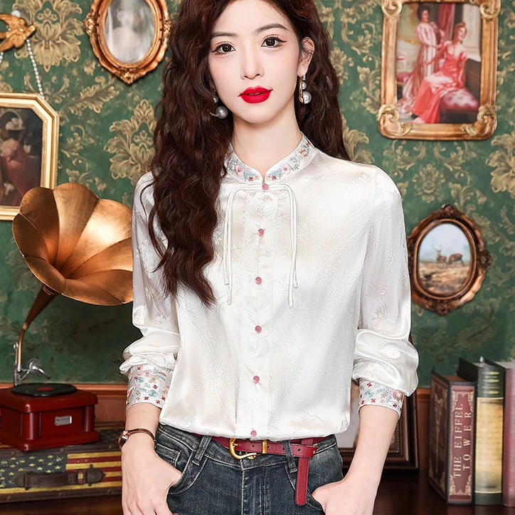 新中式国风白色刺绣提花衬衫女士春季新款高级感唐装复古盘扣上衣