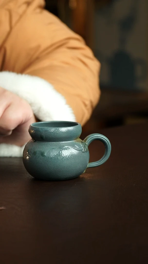 茶杯紫砂25号  新品特惠 豆青柴烧葫芦把杯 宜兴紫砂原矿作品