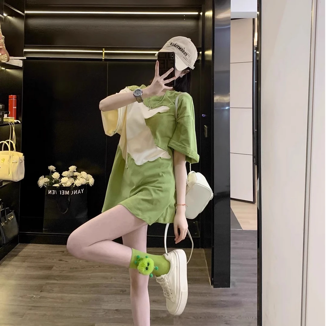 绿色短袖T恤大码韩版时尚拼接上衣纯棉小众休闲设计感洋气短袖女