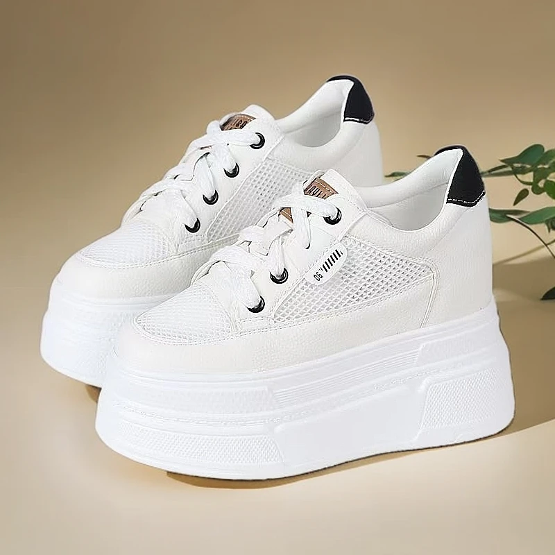 跟高10、12厘米2025夏季新款厚底内增高网面透气小白鞋ins休闲女鞋