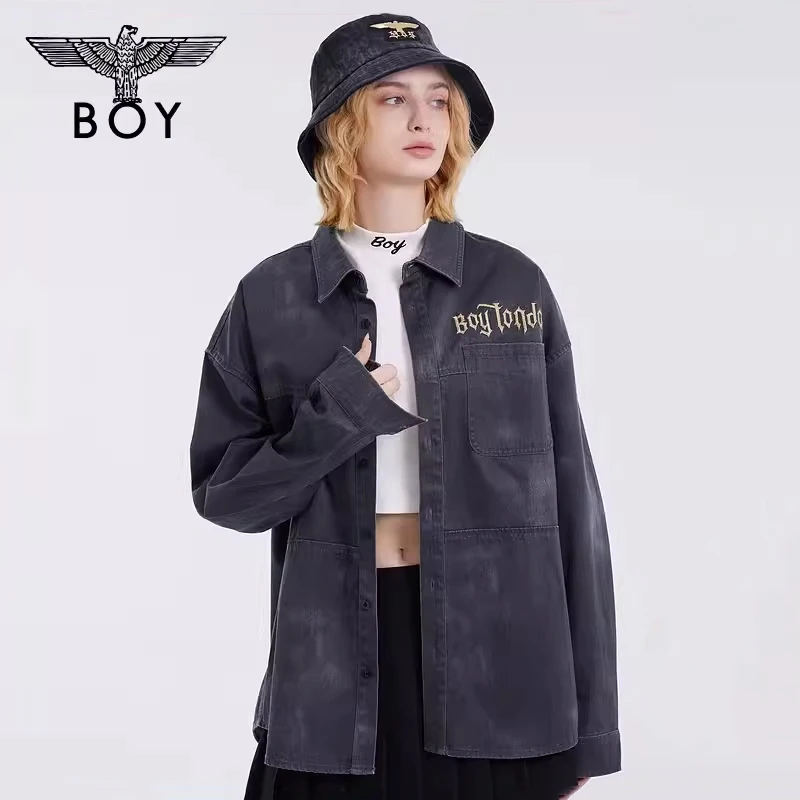 BOYLONDON秋季新品男女同款金色字母绣花灰色梭织长袖衬衫 N21004