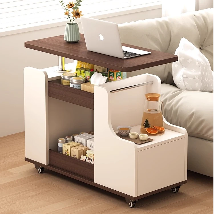 鹭昭实木升降茶几带轮家用旋转轻奢沙发边柜可移动小推车边几
