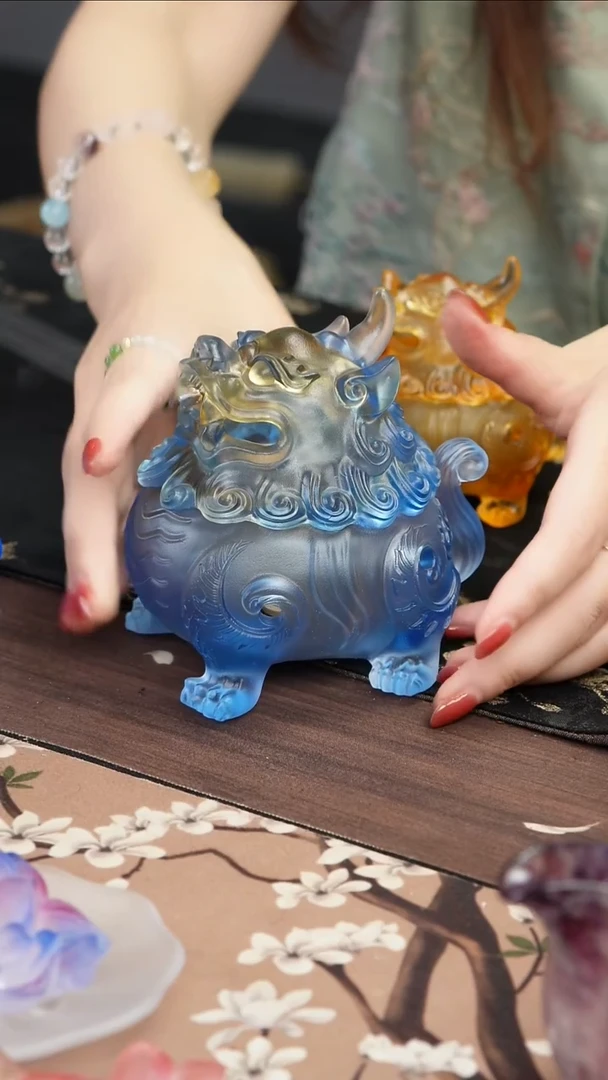 琉璃手工艺品蓝色狻猊香炉中号