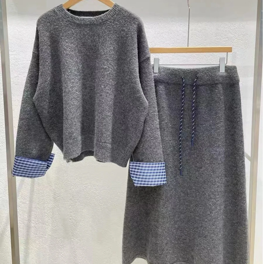 二哥二嫂 新款东大门套头针织毛衣+半身裙套装