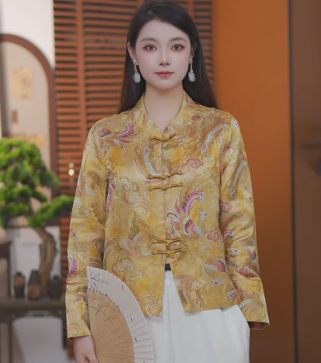 桑蚕丝秋季外套女新中式女长袖短外套中式上衣女气质国风双面