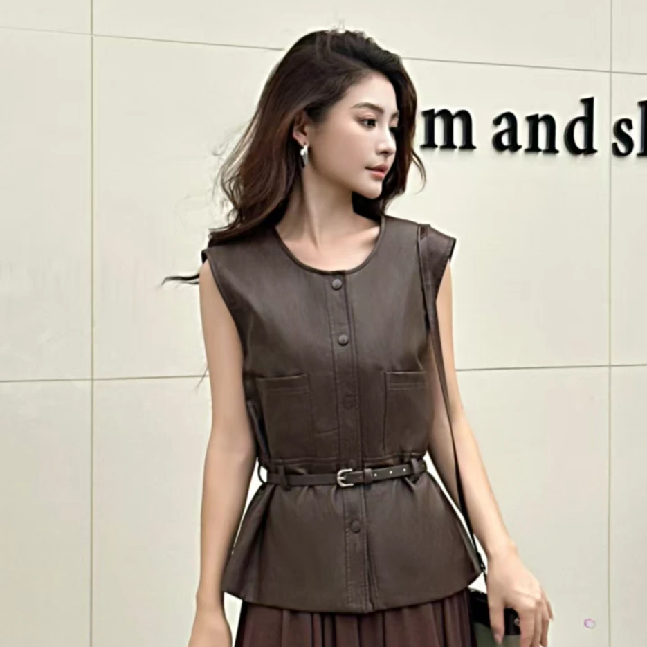 8813*显瘦气质修身型复古港风马夹时尚修身百搭皮马甲【无腰带】