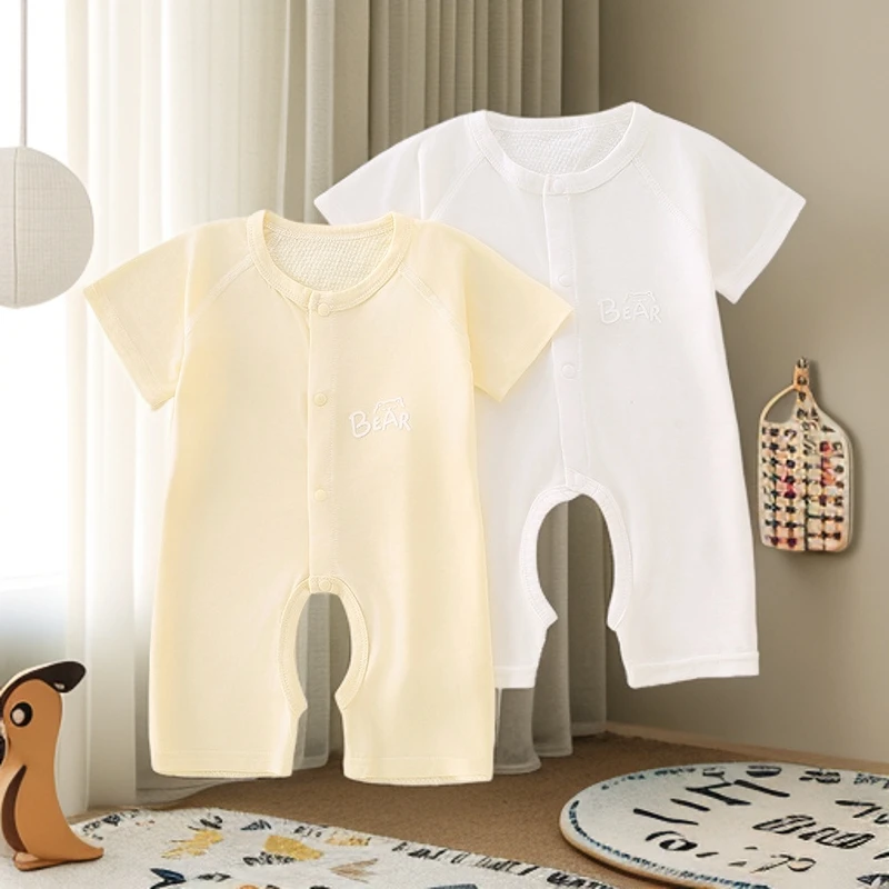 莱赛尔婴儿短袖连体衣新生宝宝半袖开档哈衣夏款爬服夏季薄款睡衣