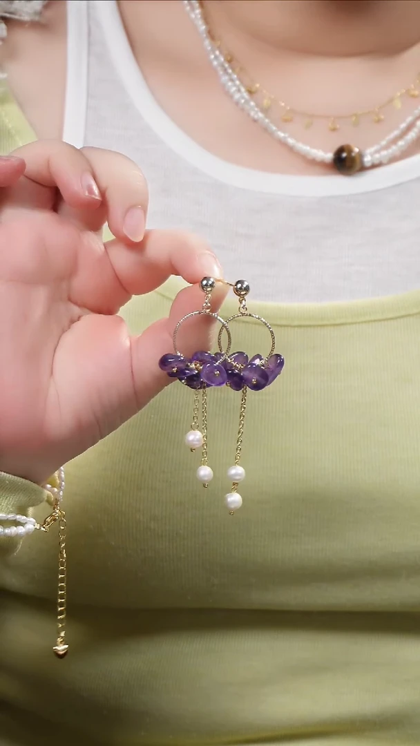 银S925镶嵌耳钉紫晶紫水晶耳钉