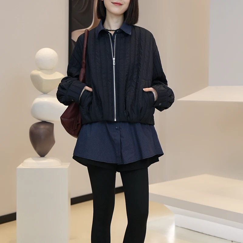 韩版爆款假两件棉衣女秋冬季2025年新款宽松时尚百搭短款棉服外套