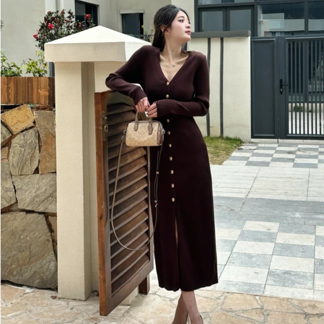 【LINXI】温柔风长裙单排扣连衣裙优雅气质时尚秋冬打底（带腰带）